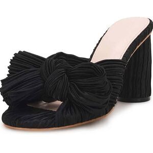 Pleated Bow Knot Heeled Sandals Comfortable Slip On Open Toe Block Chunky Heel